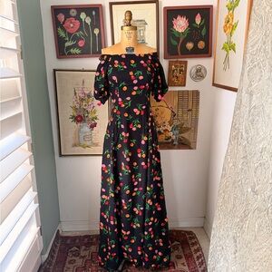 Vintage 1970s Floral Off-Shoulder Maxi Dress